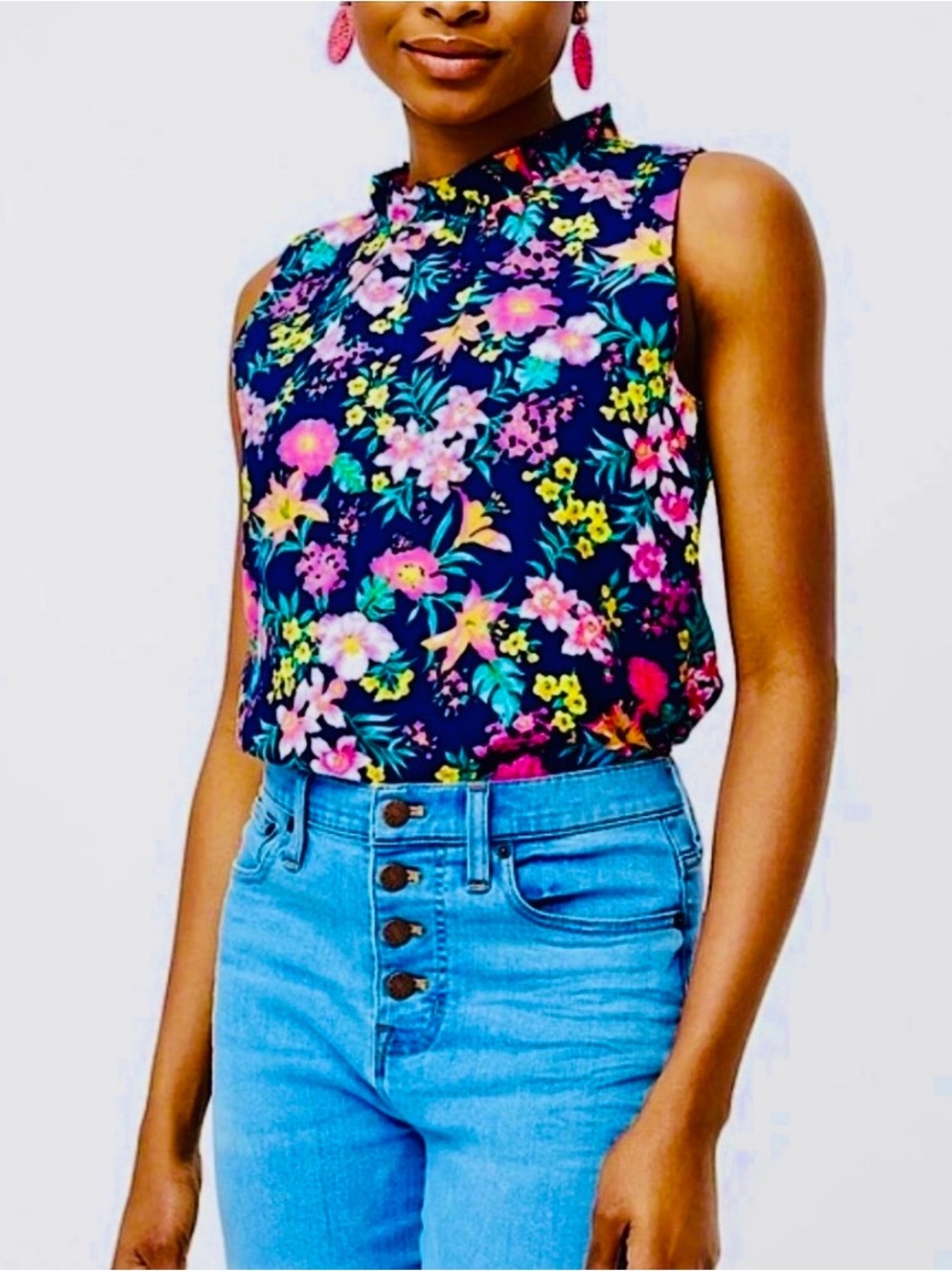 J Crew Factory Ruffles Neck Floral Top L Sleeveless Summer Vibes Business Casual